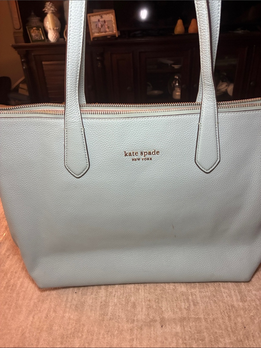 kate spade Light Blue Pebbled Leather Tote with Gold Logo‎